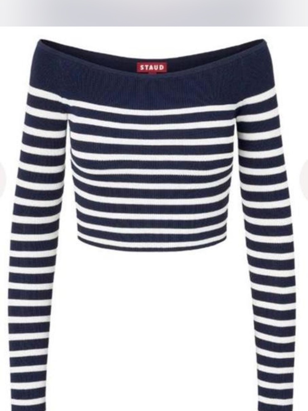 STAUD Float Top, Navy & White Striped Off-Shoulder Cropped Sweater